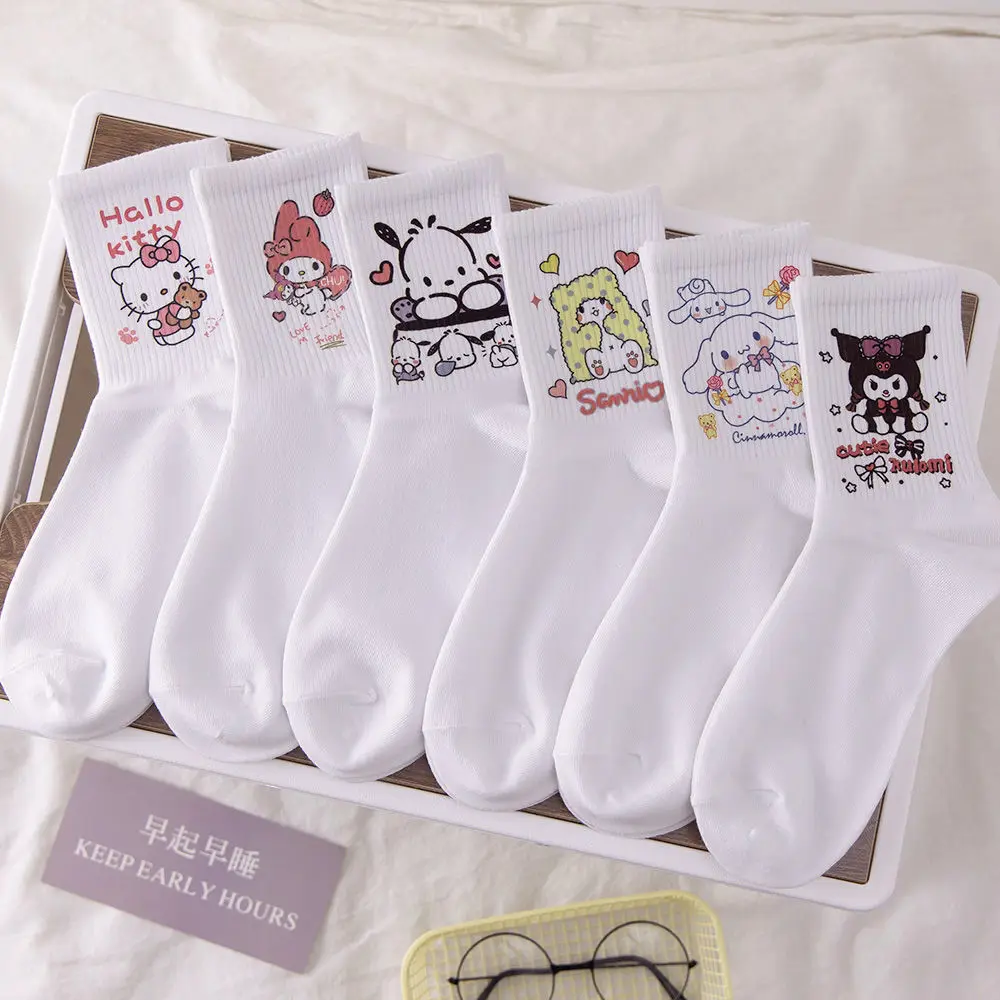 Sanrio-헬로키티 마이 멜로디 쿠로미 파차코 화이트 스타킹, 귀여운 튜브 스타킹 여성 패션, 6 켤레