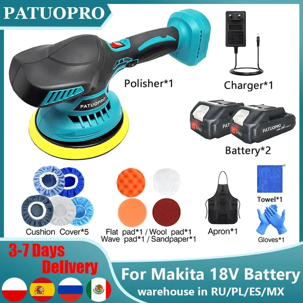 PATUOPRO cordless car polisher 150MM, 5000RPM rechargeable electric polishing machine 6 gears adjustable speed for Makita 18V battery