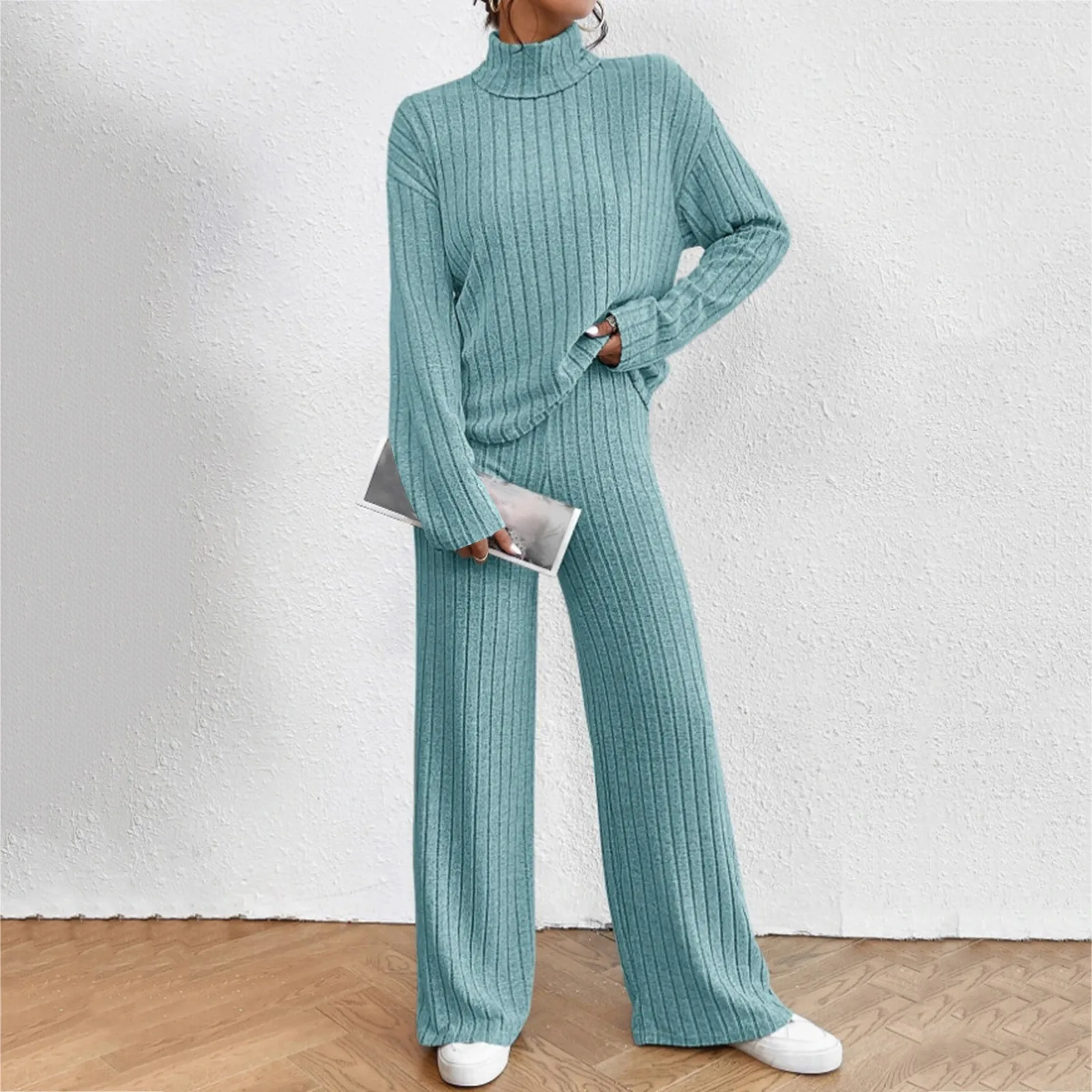 2023 Autumn And Winter Women's High Neck Knit Two Piece Set Casual Solid Color Pullover Tops Loose Wide Leg Draped Pants Suit