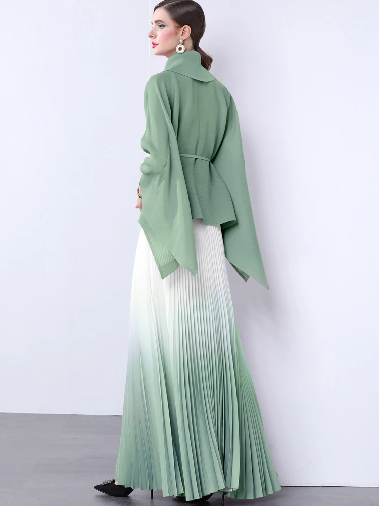 ZJYT Elegant Batwing Sleeve Top and Long Pleated Skirt 2 Piece Matching Sets Spring New Fashion Party Holiday Outfit Blue
