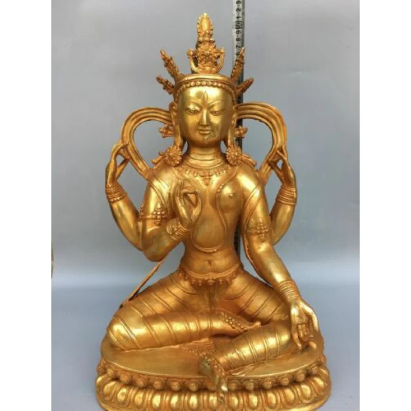 

20.5-Inch Antique Tibetan Buddhism Temple Bronze Gold-Plated Drolma Manjusri Statue