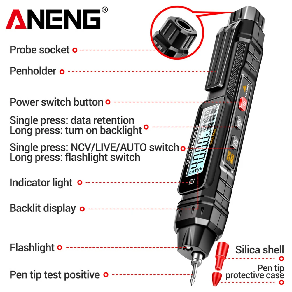 Intelligent Multimeter Pen Digital Multimeter Pen Flashlight Lighting 4000 Counts AC/DC Voltage OHM Diode Tester Electrical Tool