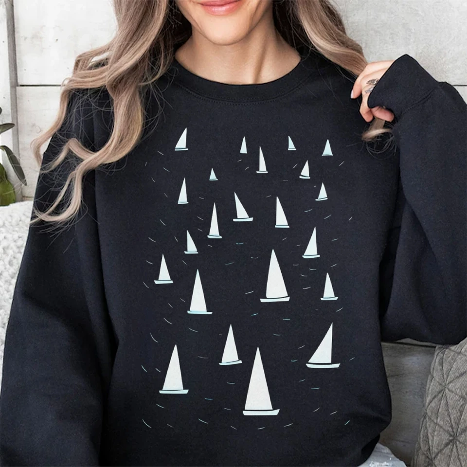 Nautical Sailboat Pattern Relaxed Sweatshirt for Women