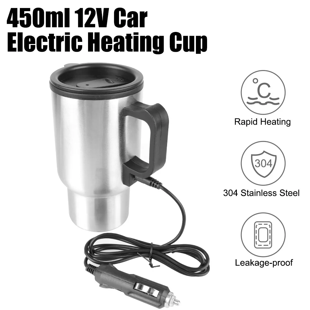 

Camping Travel Kettle Water Coffee Milk Thermal Mug Vehicle Heating Cup Electric Heating Car Kettle 12V 450ml Stainless Steel