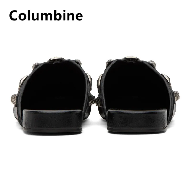 Black Soft Leather Square Toes Half Slippers Metal Button Men Shoes Summer Casual Flat Man Shoes Slip-on Men Comfortable Loafers
