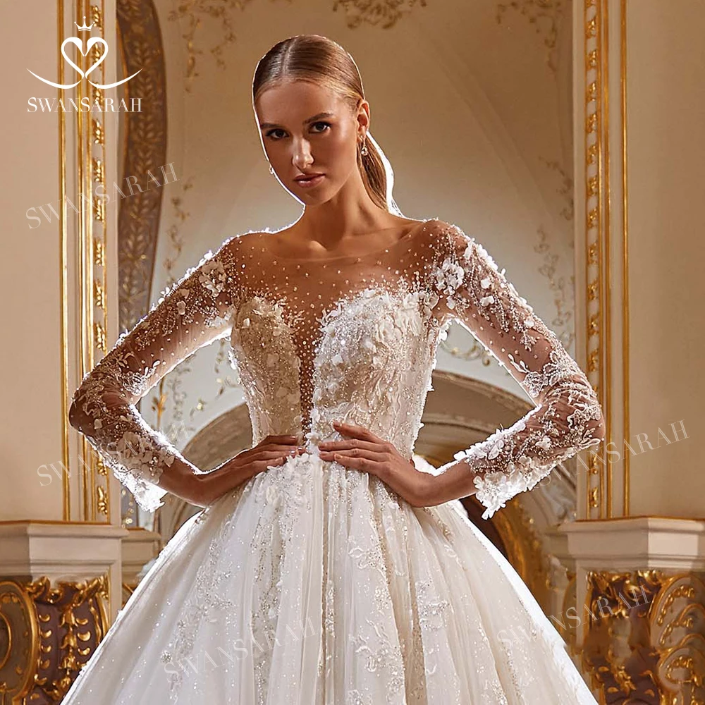 Luxury Beaded Wedding Dress 2025 Long Sleeve Lace Appliques Princess Bride Ball Gown SwanSarah AS145 customized Vestido De Novia 4