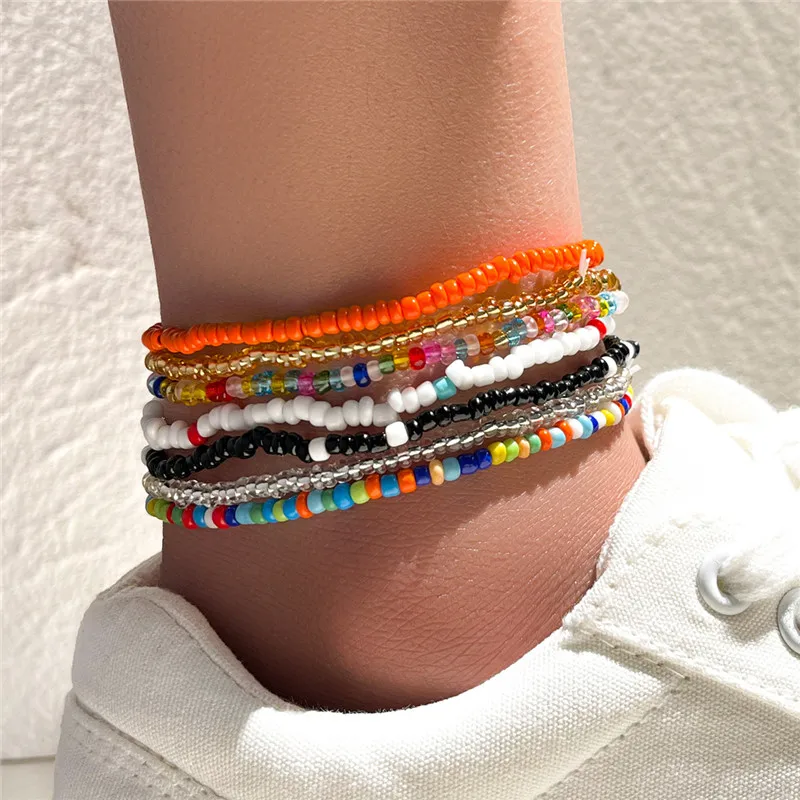 7pcs/Set Handmade Beaded Anklet Bracelets Rainbow Color Elastic Ankle Bracelet On The Leg Foot Beach Jewelry bead bracelet beads anklet