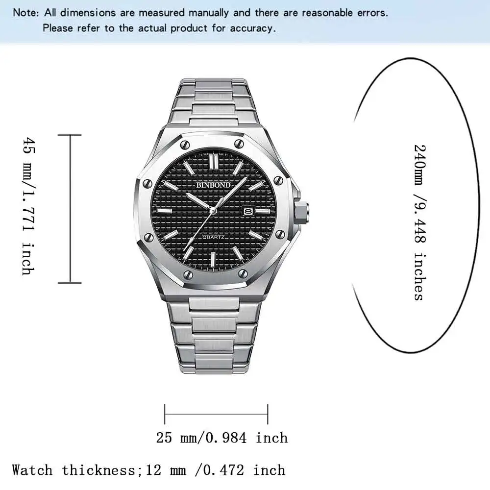 BINBOND Silver Stainless Steel Men's Quartz Watch with Luminous Display and Calendar