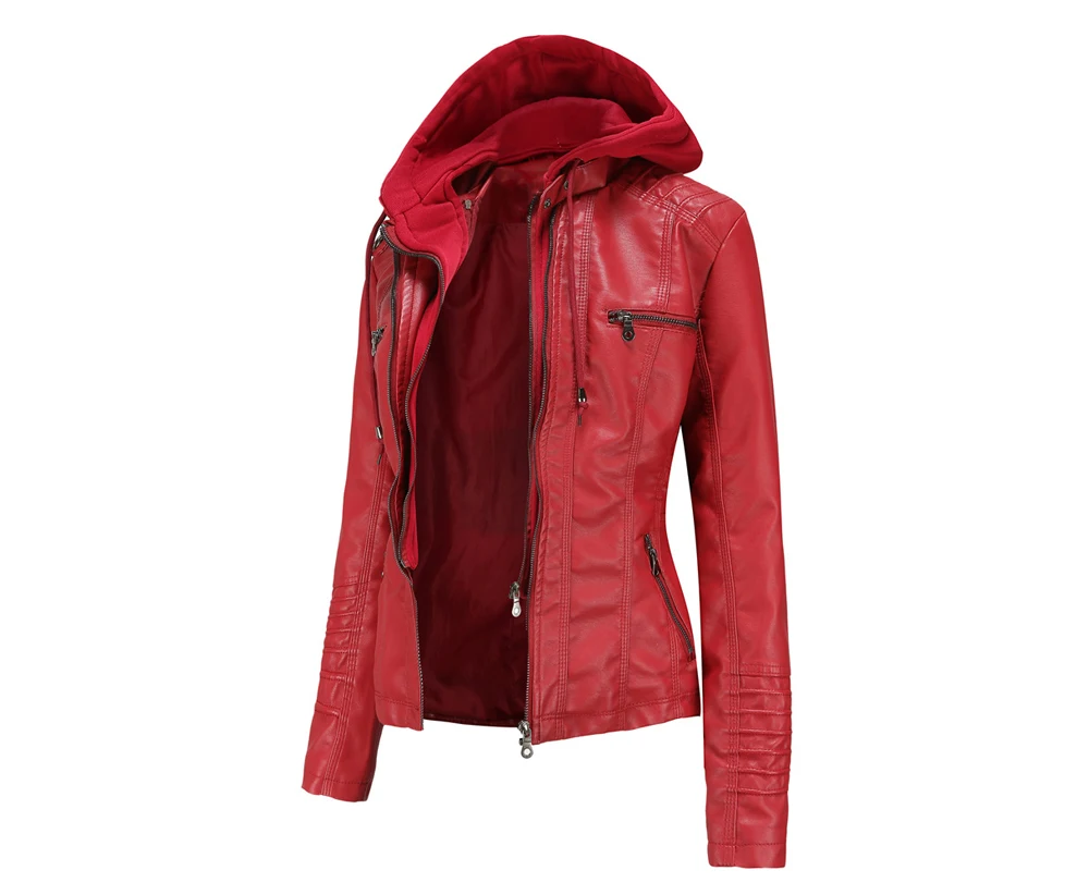 Spring Women Hooded Casual Leather Clothing Outdoor Windproof PU Leather Top Fashion Slim Motorcycle Wear Women\'s Clothing