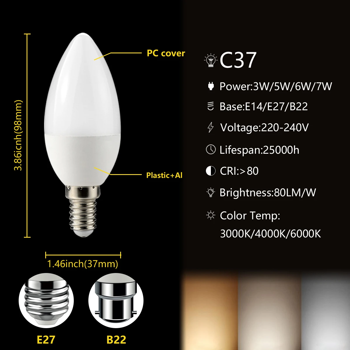 6Pcs Led Candle Bulb C37 3W 5W 6W 7W E14 E27 B22 220V 3000K 4000K 6000K  Light Lamp For Home Decoration Led Lamp Home Decoration