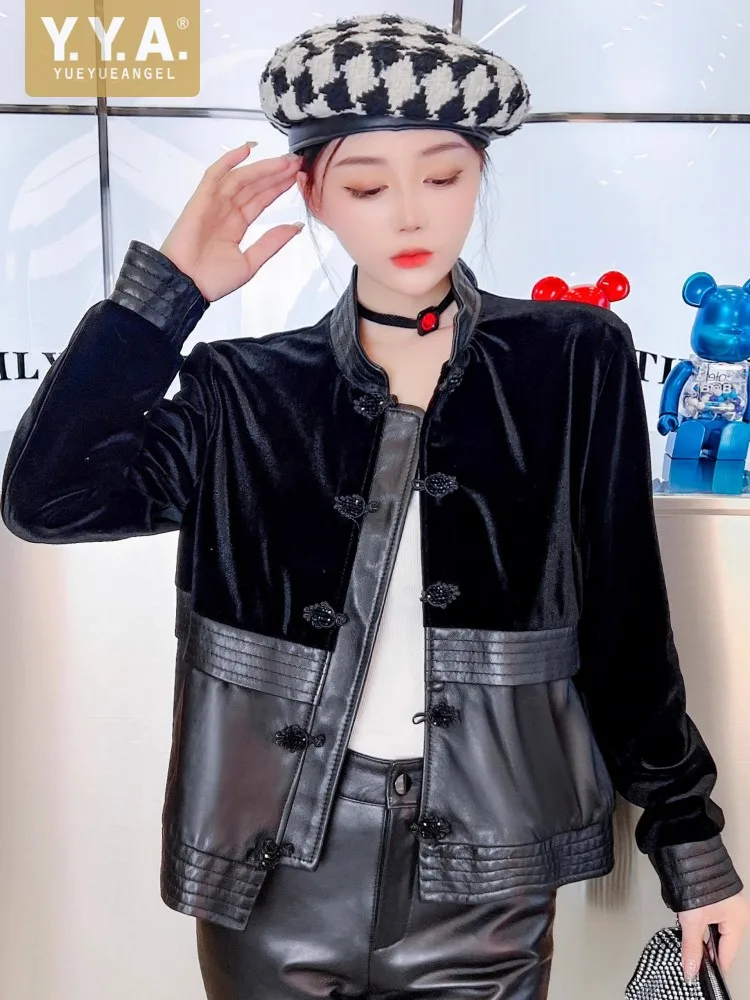 New Spring Ladies Sheepskin Short Coat Retro Design Stand Collar Patchwork Women Velvet Genuine Leather Jacket Casual Outerwear