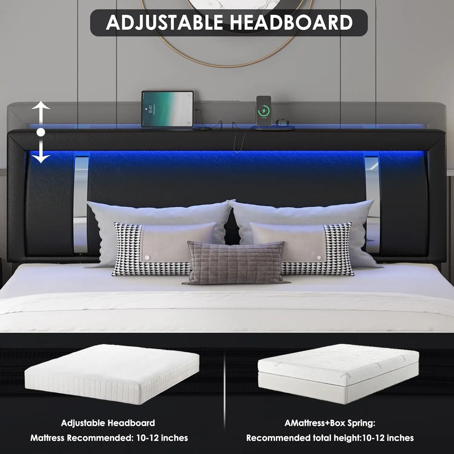 Description Picture 5 of itemQueen Bed Frame with RGB LED Lights Headboard & 2 Storage Drawers Modern Upholstered Faux Leather Platform Bed with Iron Metal