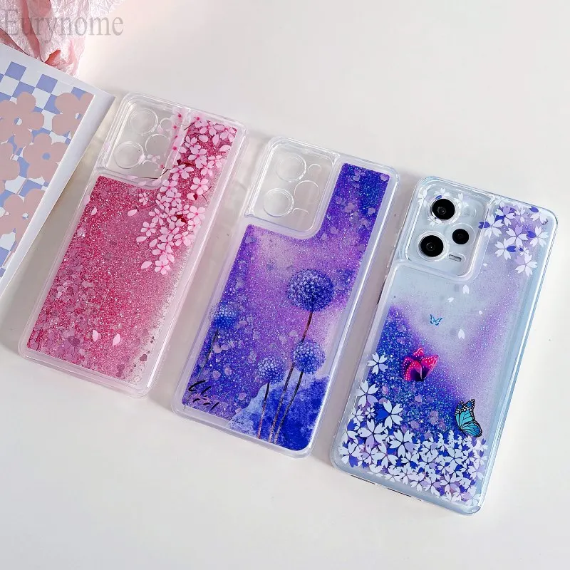 Pink Flower Butterfly Clear Liquid Glitter Quicksand Bling Case