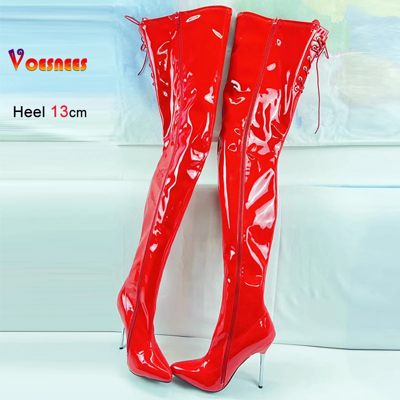 New Red Patent Leather Stiletto Thin Heels Women Over The Knee Boots Pointed Toe Sexy Super High Heel Side Zipper Modern Boots