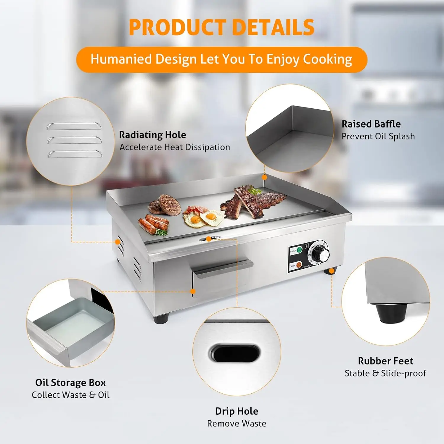 Griddle 22" 3000W Flat Top Grill Countertop Griddle Stainless Steel Teppanyaki Grill w/Iron Cooking Plate for Restaurant Kitchen 4