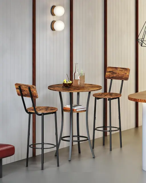 Round Bar Table, 2-Tier High Top & Counter Height Dining Table, for Bistro, Pub, Kitchen, Living Room, Rustic Brown, Customized