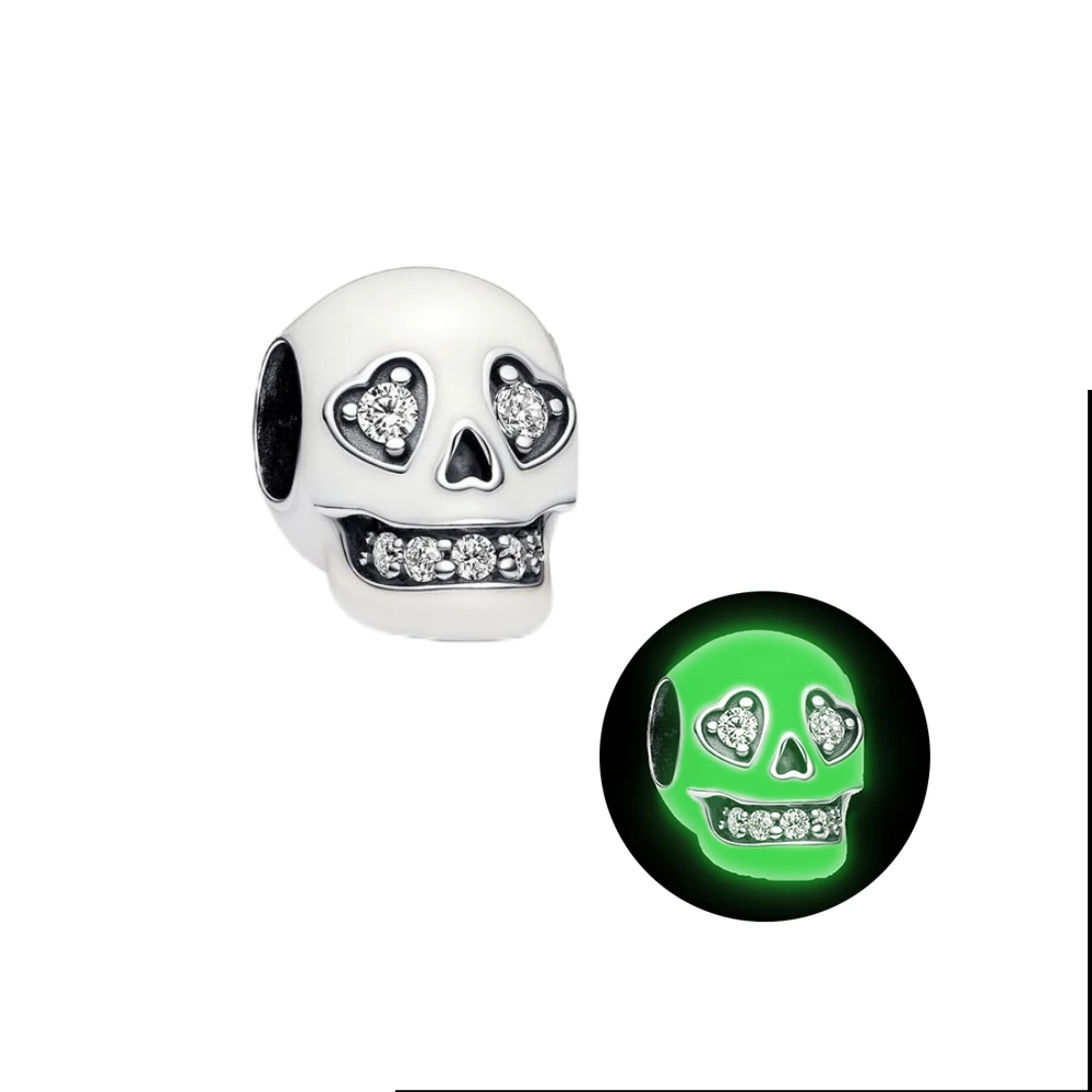 New Luminous Halloween Skull S925 Sterling Silver Pendant Beads Suitable For Original Bracelet Diy Fine Jewelry Gift