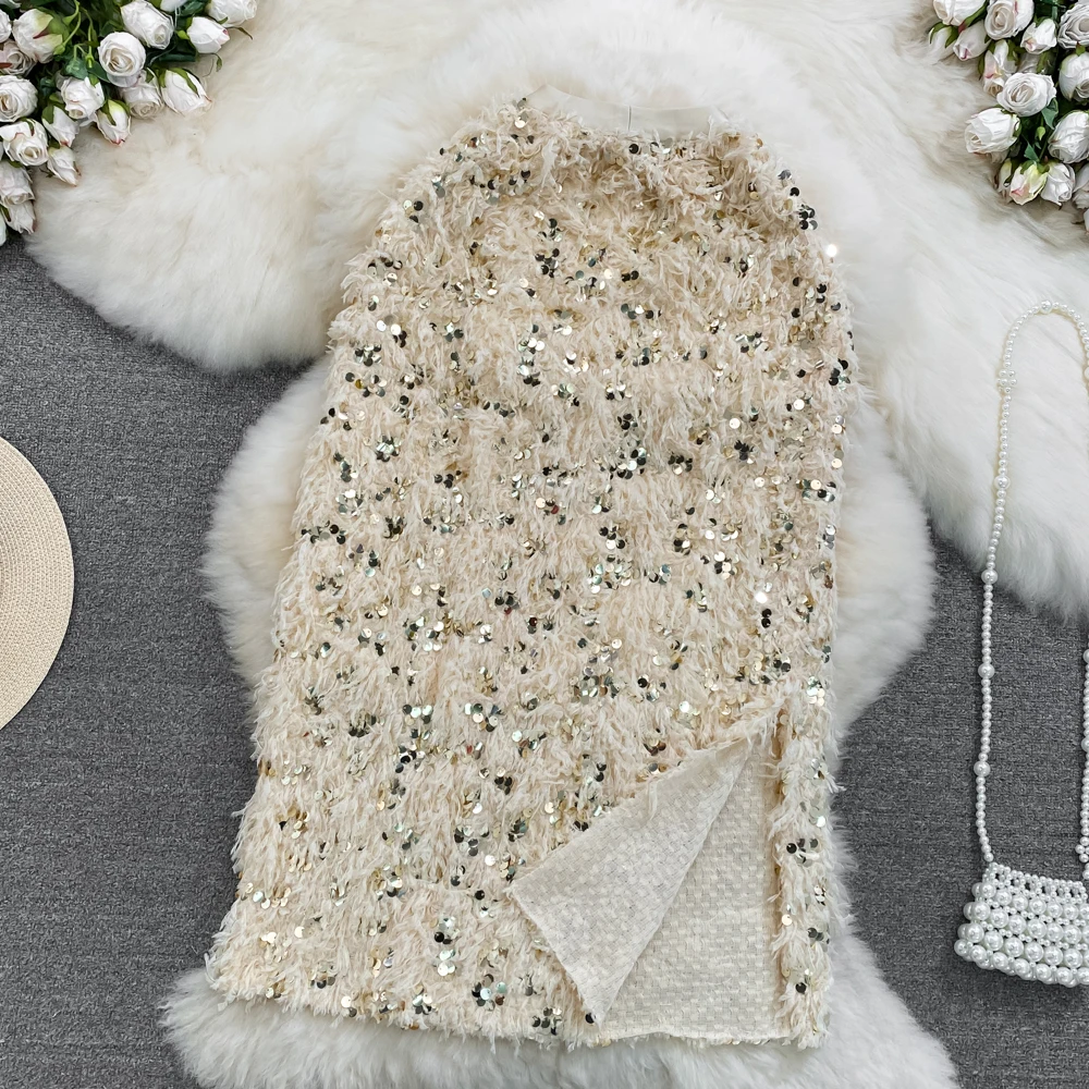 

Summer High Waist Heavy Duty Sparkling Sequin Tassel Feather Mid length Split Half length Skirt