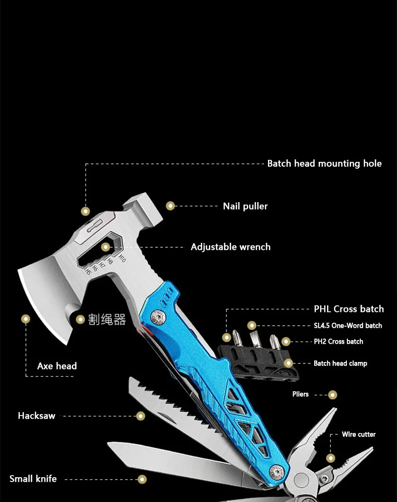 Description Picture 4 of itemMultifunctional outdoor hammer pliers axe hammer folding hammer window breaking escape hammer outdoor camping portable