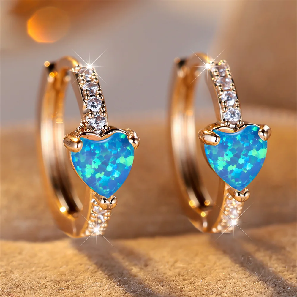 Trendy Blue Opal Love Heart Stone Hoop Earrings For Women Vintage Gold Color Small Ear Buckle Wedding Jewelry Bridal Party Gifts