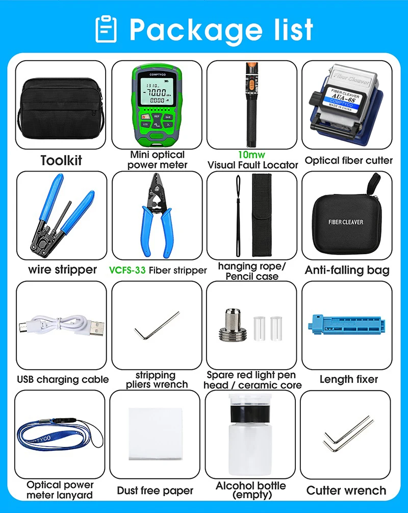 Fiber Optic Tool Kit with AUA-6S Fiber Cleaver -70+10dBm/-50+26dBm 3 in 1 Mini Optical Power Meter 10Mw Visual Fault Locator