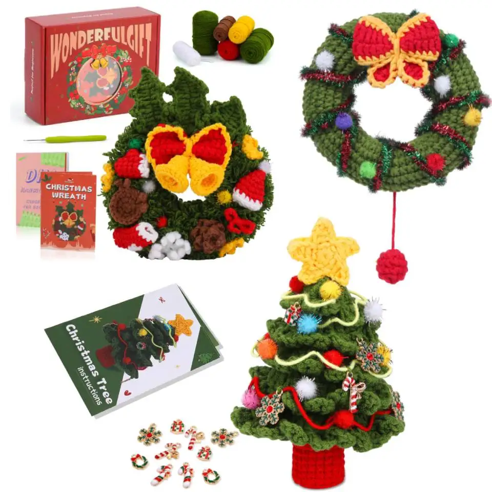 Fenrry Crochet Kit for Beginners Christmas Wreath Adults Knitting with Step-by-Step Video Tutorials Crochet Yarn crochet kit