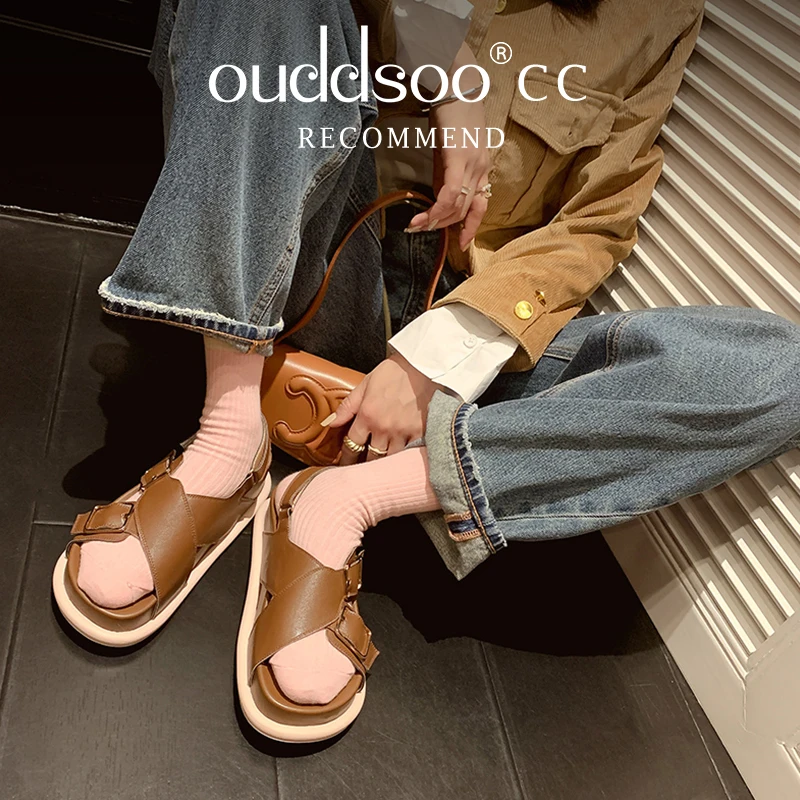 Ods Flat Bottom Thick Bottom Hollow Sandals Women'S Canvas Metal Buckle Open-Toe Sandals Comfort Summer Seaside Holiday Shoes 40
