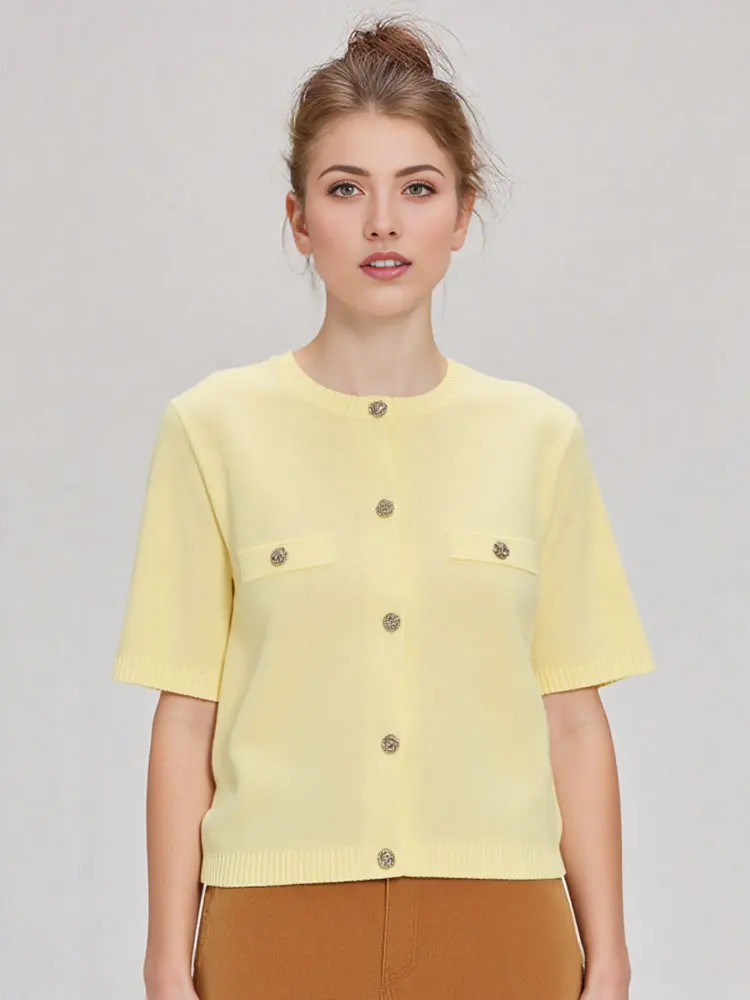 HH 2025 Women Elegant Solid Knitted Tops O Neck Single Breasted Short Sleeve T-Shirts Casual Fashion Female Chic Tops