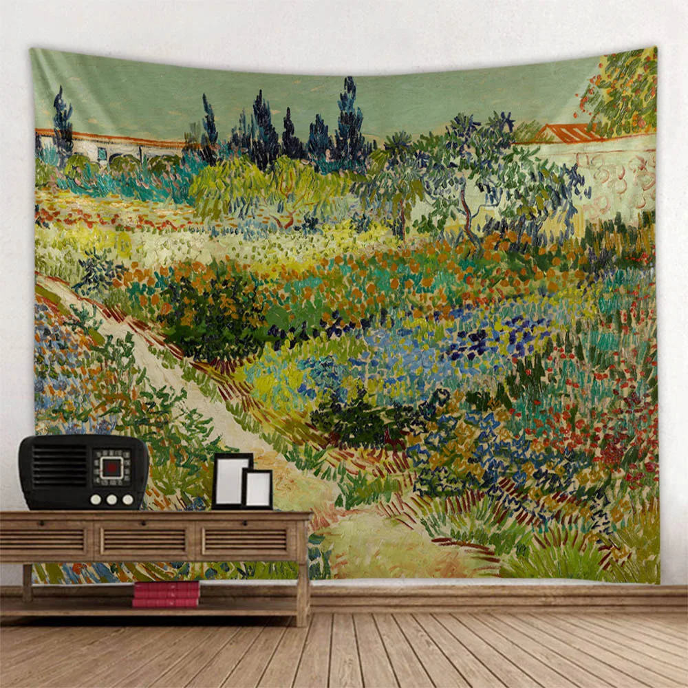 Vintage tapestry art poster lotus wall hanging Van Gogh oil painting aesthetic tapestry living room and bedroom decoration