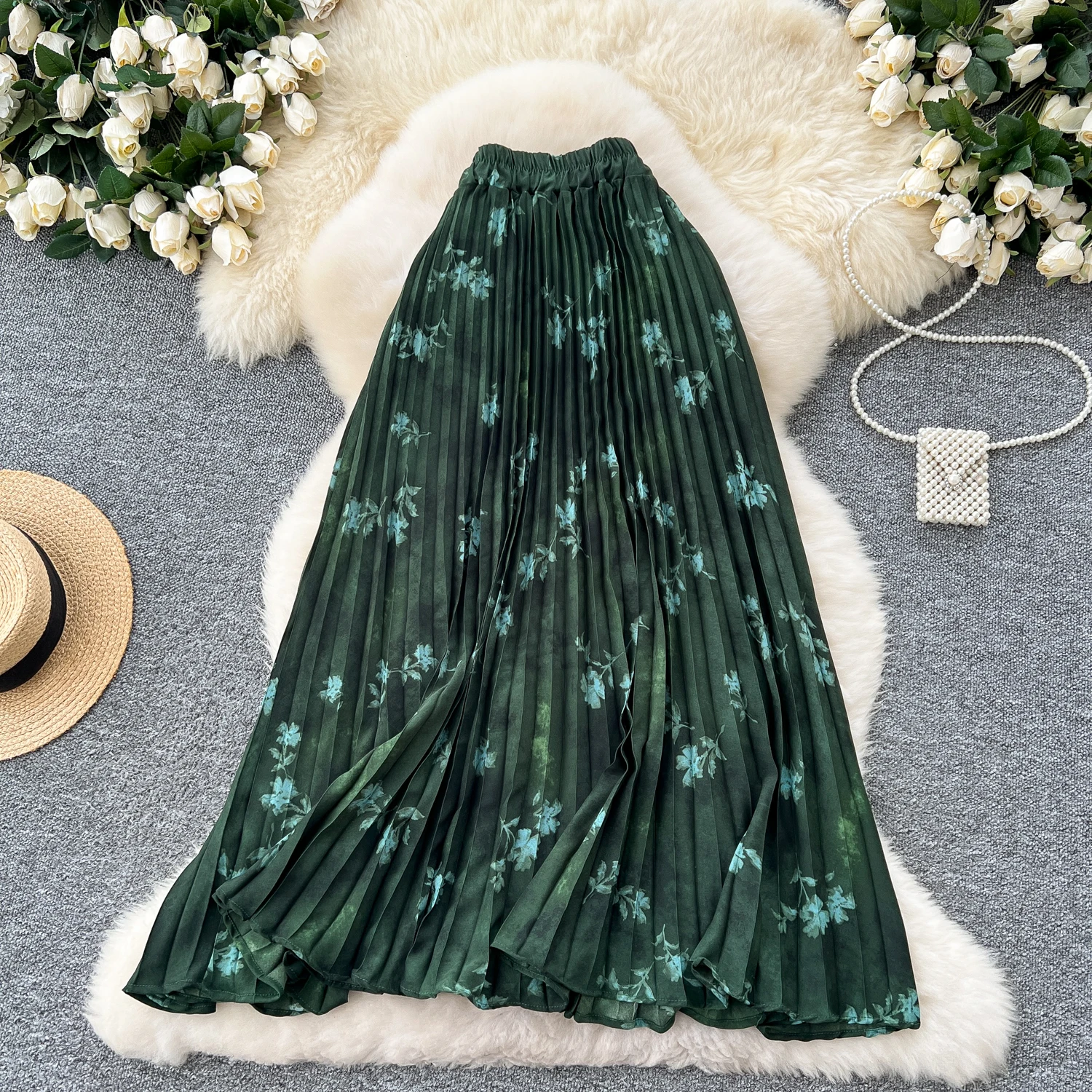 Women Summer High Waist Vintage Pleated White Long Chiffon Skirt Streetwear