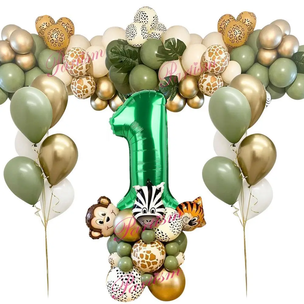 

28pcs/set Wild Animal Balloon Tower with 1-9 Green Number Balloons for Kids Jungle Safari Birthday Party Decoration DIY Supply