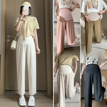 M-3XL Summer Pregnant Woman Cotton Linen Trousers Ankle-length High Waist Maternity Belly Pants Casual Pregnancy Cropped Pants