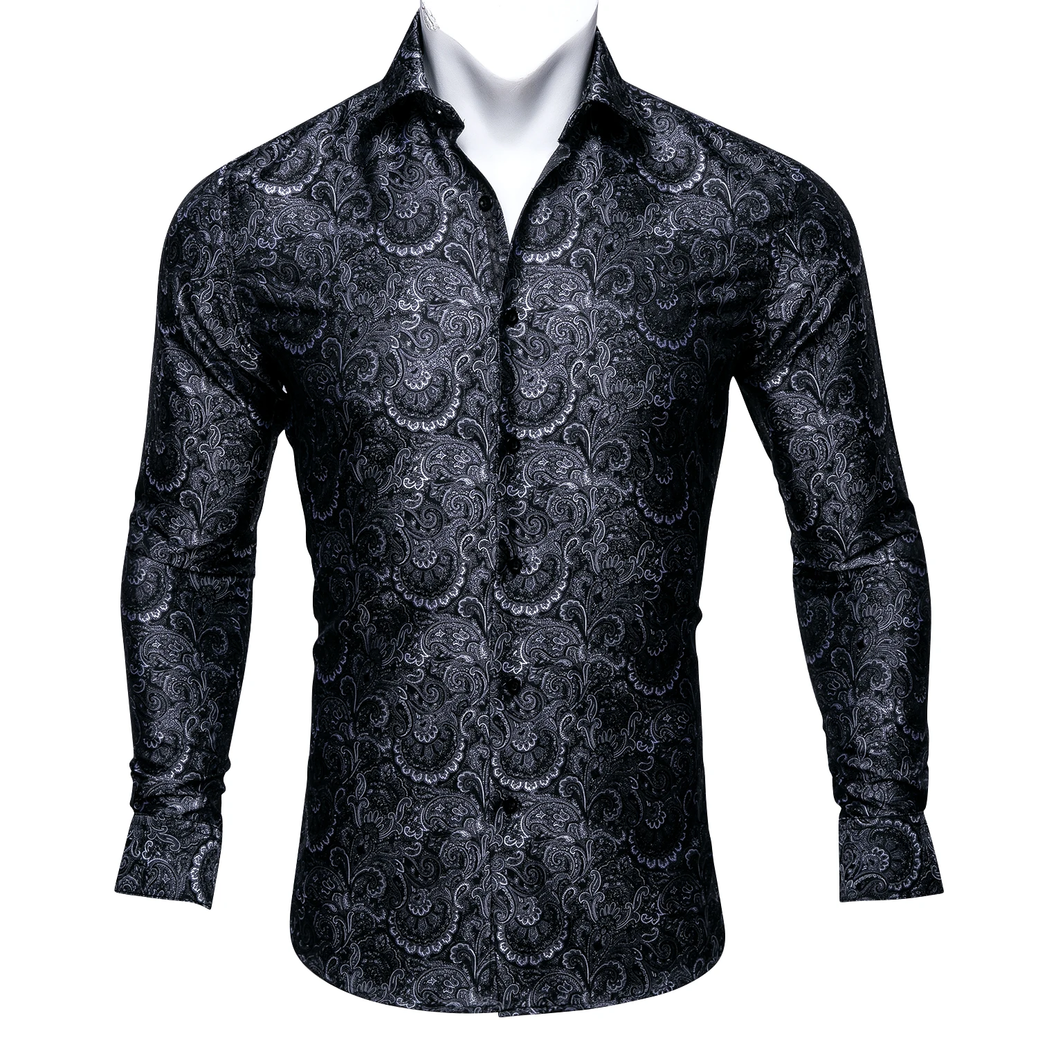 

Barry.Wang Luxury Black Paisley Silk Shirts Men Long Sleeve Casual Flower Silver Shirts For Men Designer Fit Dress Shirt BY-0039