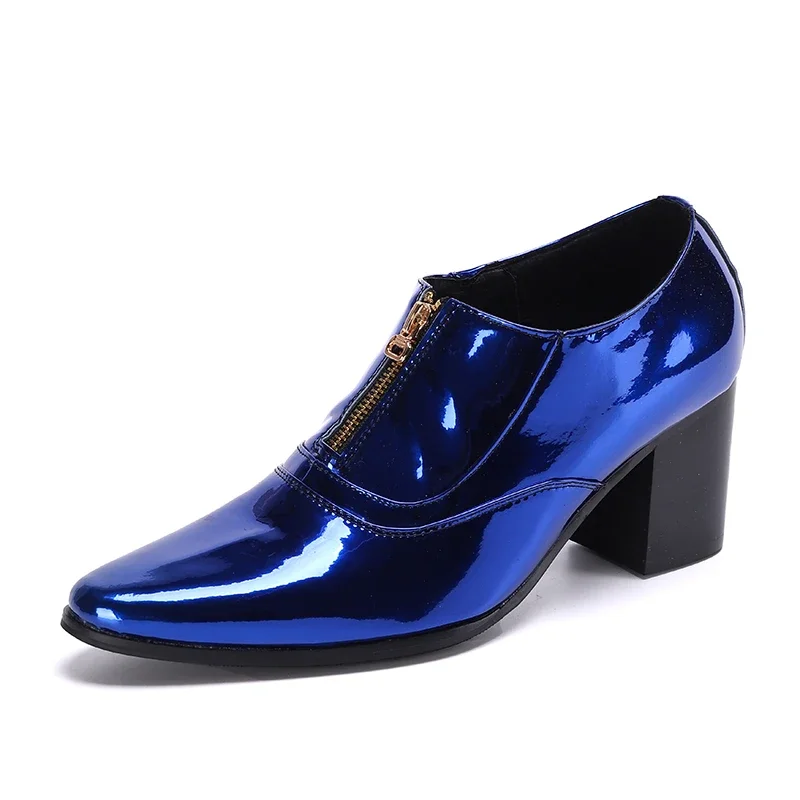 New Fashion Blue Patent Leather Men Formal Dress Shoes Big Size High Heel Party Man Shoes Club Jazz Dancer Thick Heel Ankle Boot