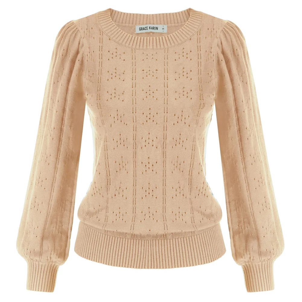 

GK Women Pullover Sweaters Hollowed-Out Knitwear Female Knitting Wear Casual Lady Puffed Long Sleeve Tops Winter Autumn T-Shirts