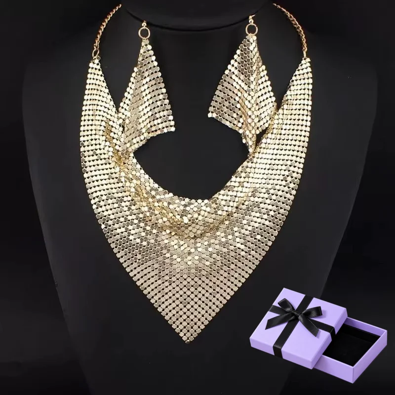 Mit Geschenkbox, 4 Farben Metall-Mesh-Lätzchen-Halskette und lange Ohrringe Set für Damen, klobiger Statement-Schmuck, Hochzeit, Party, Geschenk