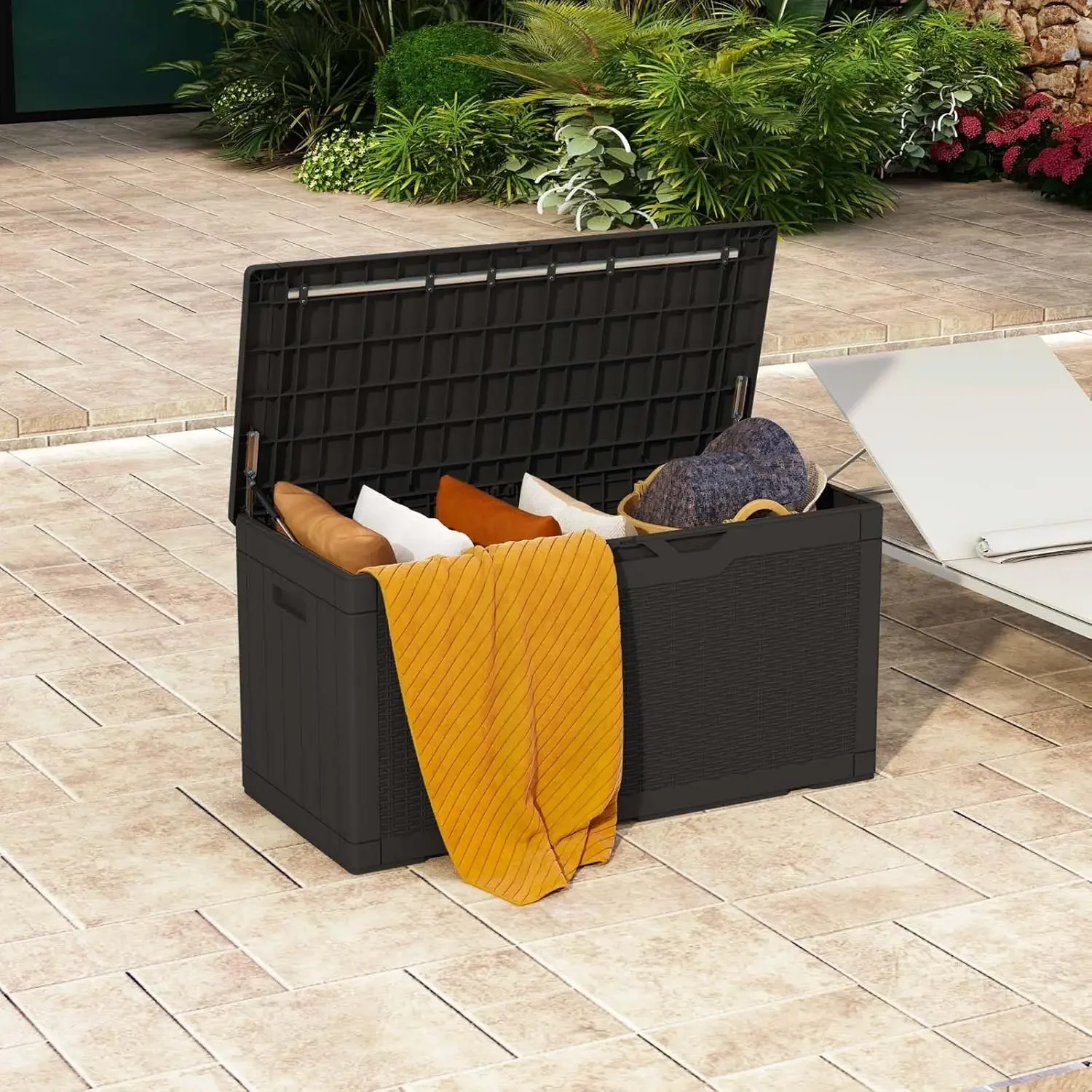 100 Gallon Resin Deck Box with cushion, Waterproof Large Outdoor Storage Box with Padlock for Patio Furniture and Gard 3