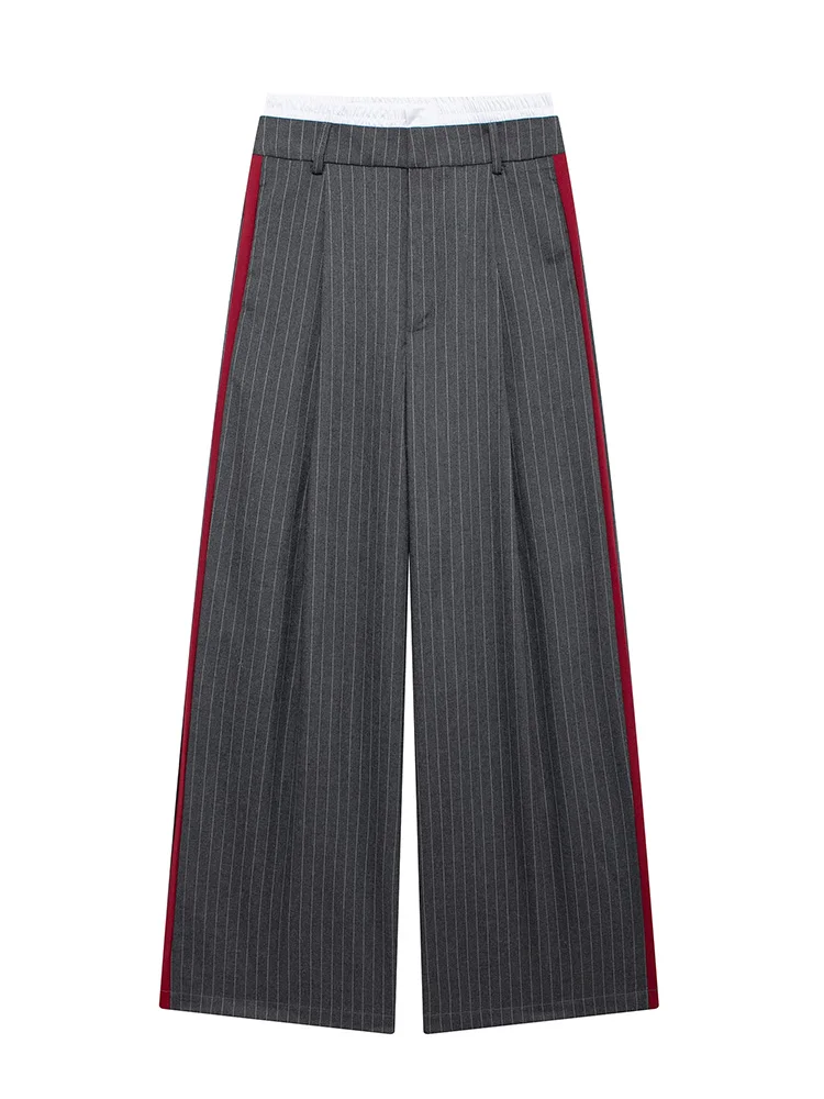TFMLN 2024 Autumn Women Wide Leg Pants Vintage Stripe Print Decoration Red Side Splicing Female Pants Temperament Causal Pants