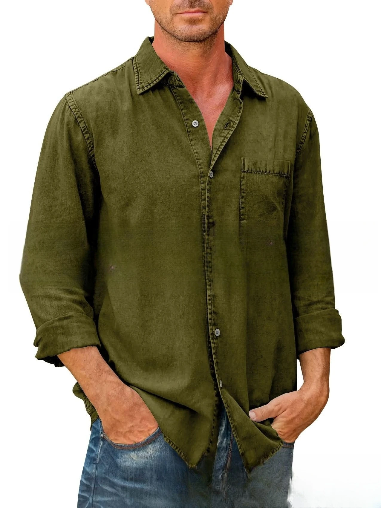 Men Cotton Denim Long Sleeve Casual Solid Color Shirt Spring Autumn Fashion Vintage Jeans Shirt Tops S-5XL