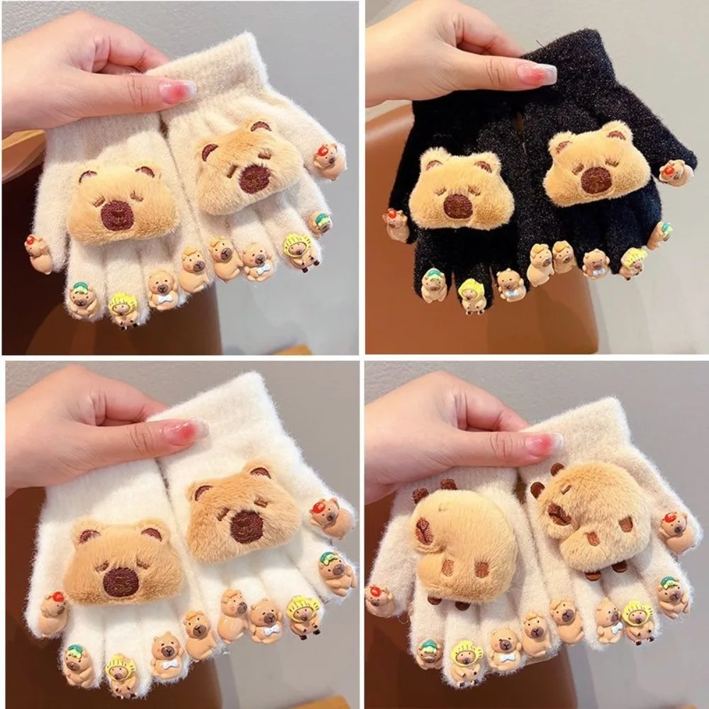 1 Pair Cute Capybara Children Glove Five Finger Winter  Glove Fashion 3D Cold-proof Gloves Outdoors Accessories