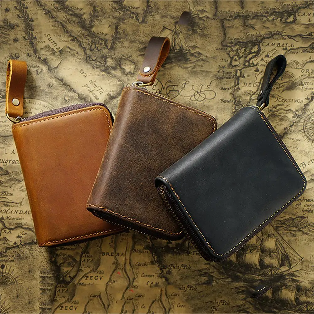 Crazy Horse Leather Card Holder for Men Zipper Card Wallet Rfid Card Purse  For Male Carteras With Cardholders Woman Purse - AliExpress