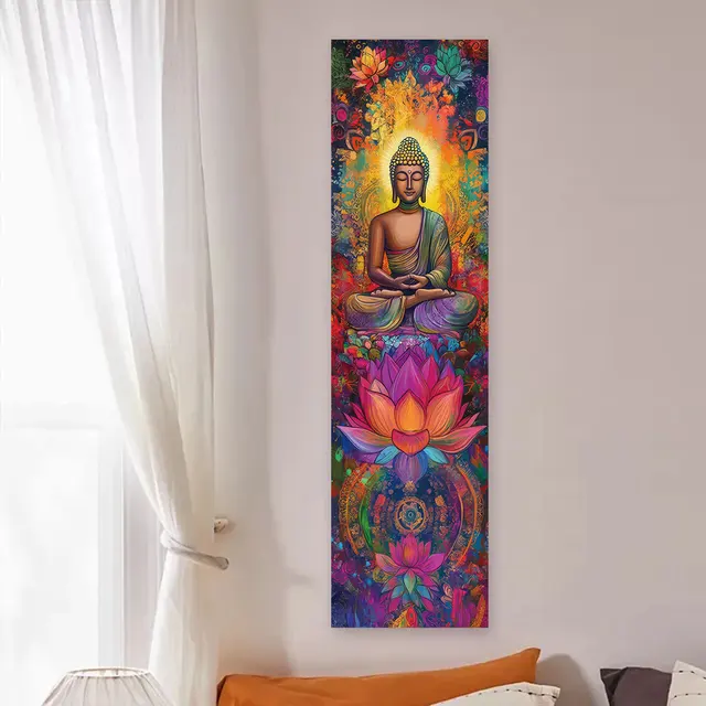 Statues de bouddha et décoration murale de Lotus, tapisserie verticale Mandala colorée, tenture murale, méditation, Religion, Art 4