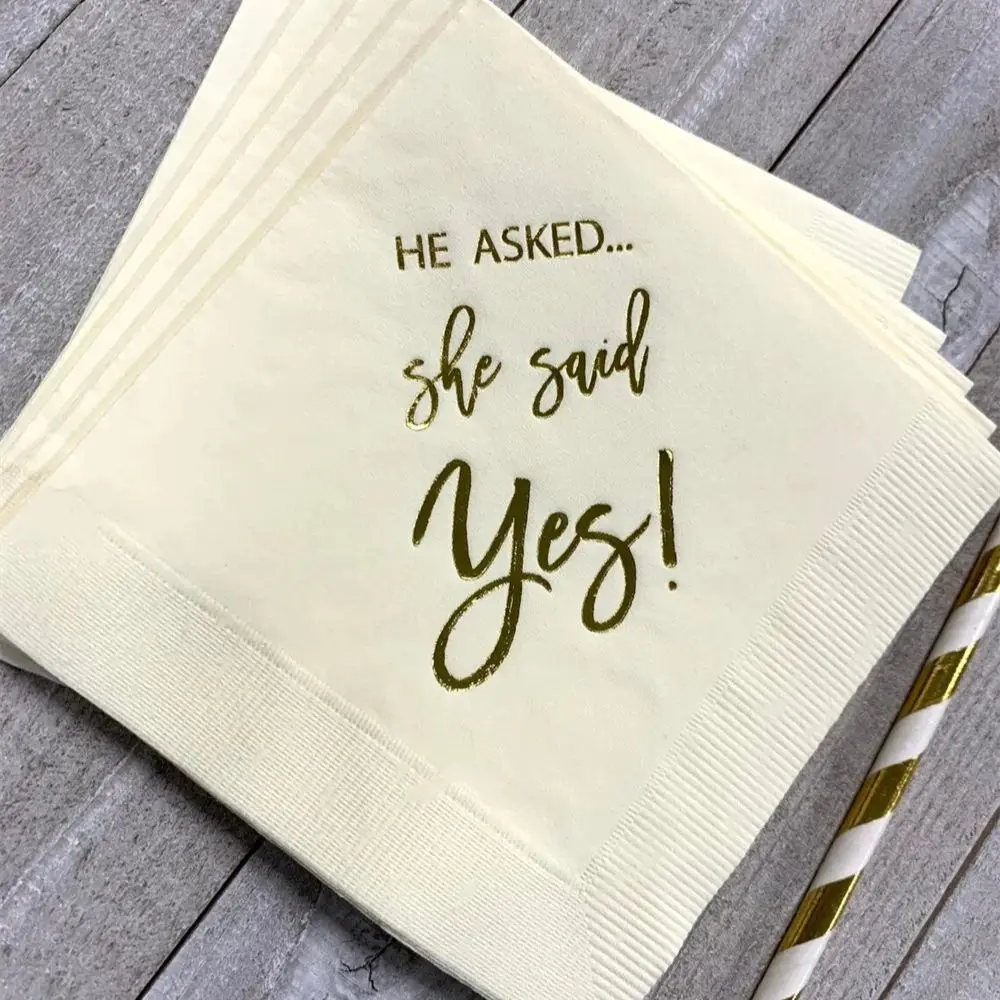 

50 - Ivory / Ecru with Metallic Gold Foil Cocktail Beverage Napkins He Asked She said Yes Engagement Party