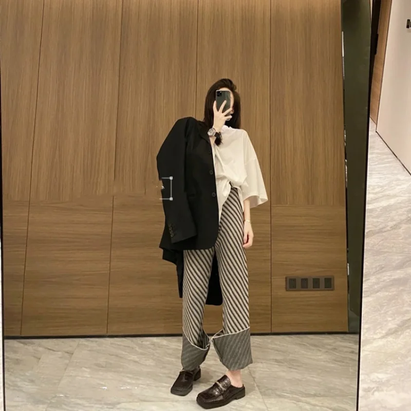 Inner Slit Slightly Flared Wide-Leg Pants ~ Wool Blended High Waist Striped Slimming Thick Knitted Trousers for Women