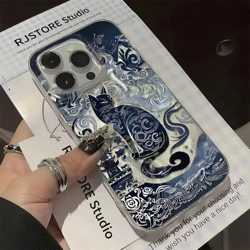 Luxury Silver Laser Cat Phone Lanyard Case