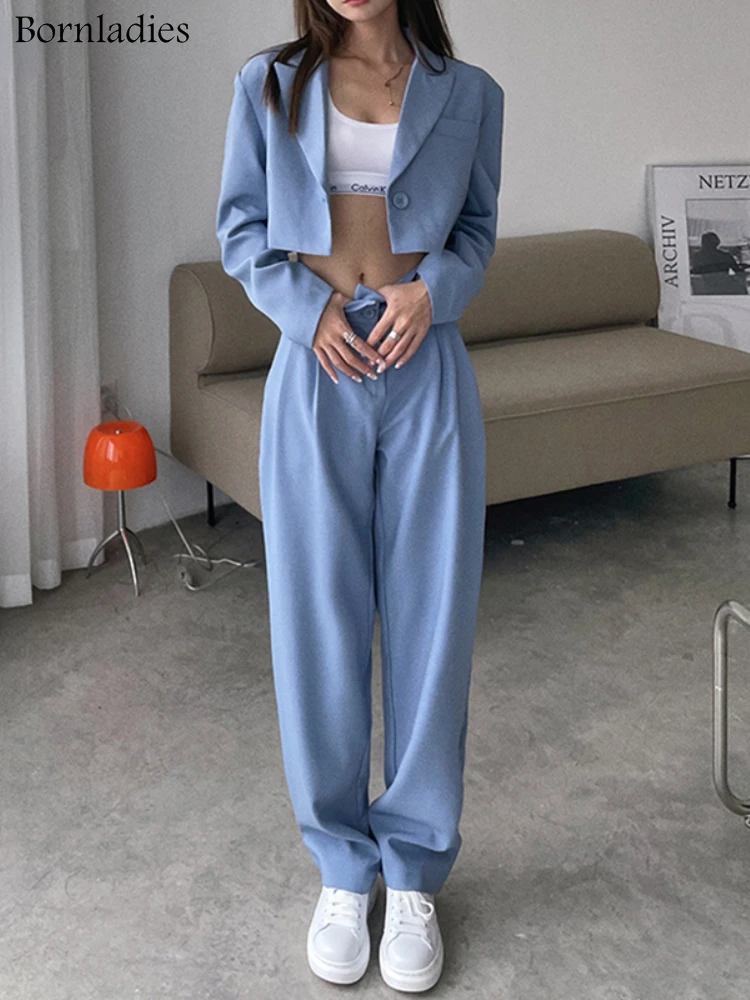 

Bornladies Autumn Two Piece Sets Korean Fashion Blazer Suits Women Crop Coat and Pant Suits Long Sleeve Ensemble 2 Pieces Outfit