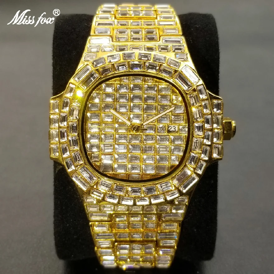 

New 2022 Ice Out Men's Watches Top Brand Stainless Steel Quartz Clock Luxury Hip Hop Full Moissanite Bling Gold Male Watch Gift