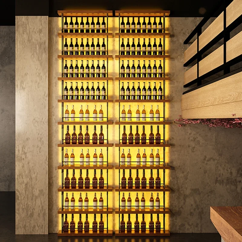 Iron Bar Wall Wine Rack Light Hanging Storage Display Cabinet Shelves Corner Commercial Botellero De Madera Wine Rack Floor