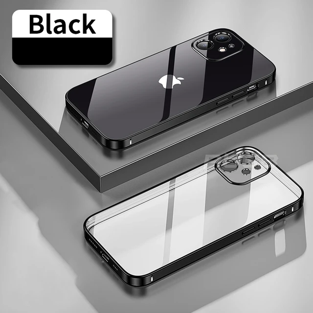 Luxury Soft Silicone Case for iPhone 13 12 11 Pro Max mini XR X XS Plating Square Frame Shockproof camera protect Clear TPU case Black