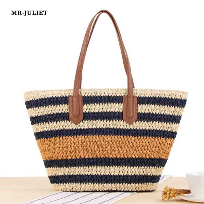 MR·JULIET Vintage Striped Contrast Color Straw Bag Handbag Large Capacity Woven Shoulder Bag